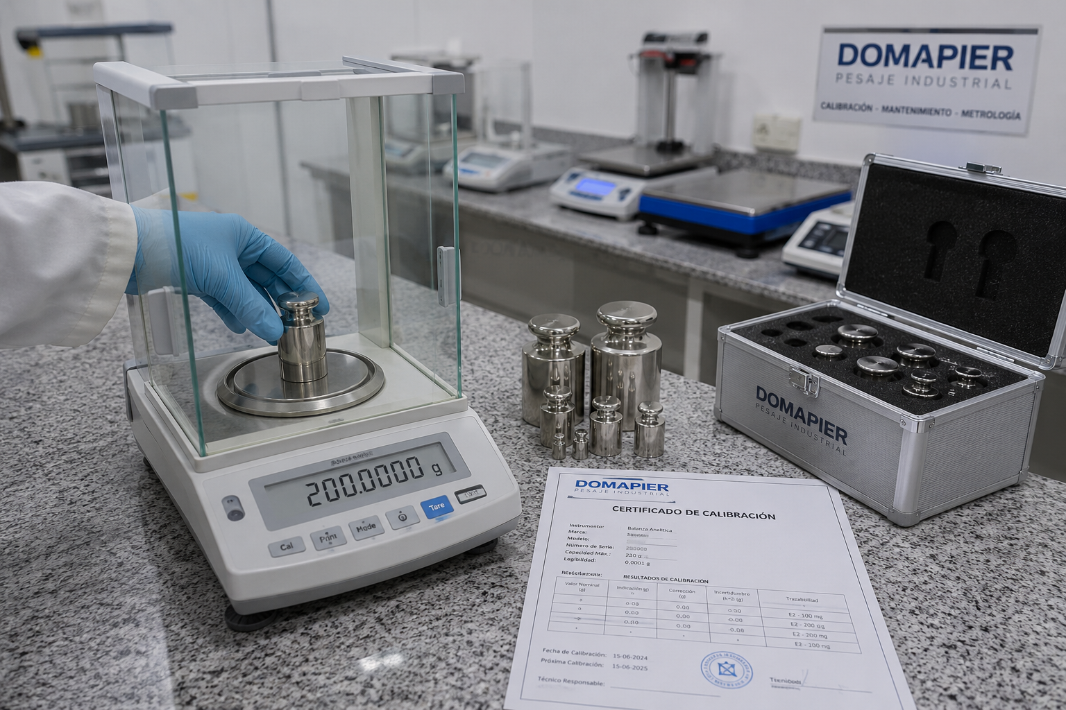 Calibración de balanza de laboratorio con masas patrón y trazabilidad metrológica