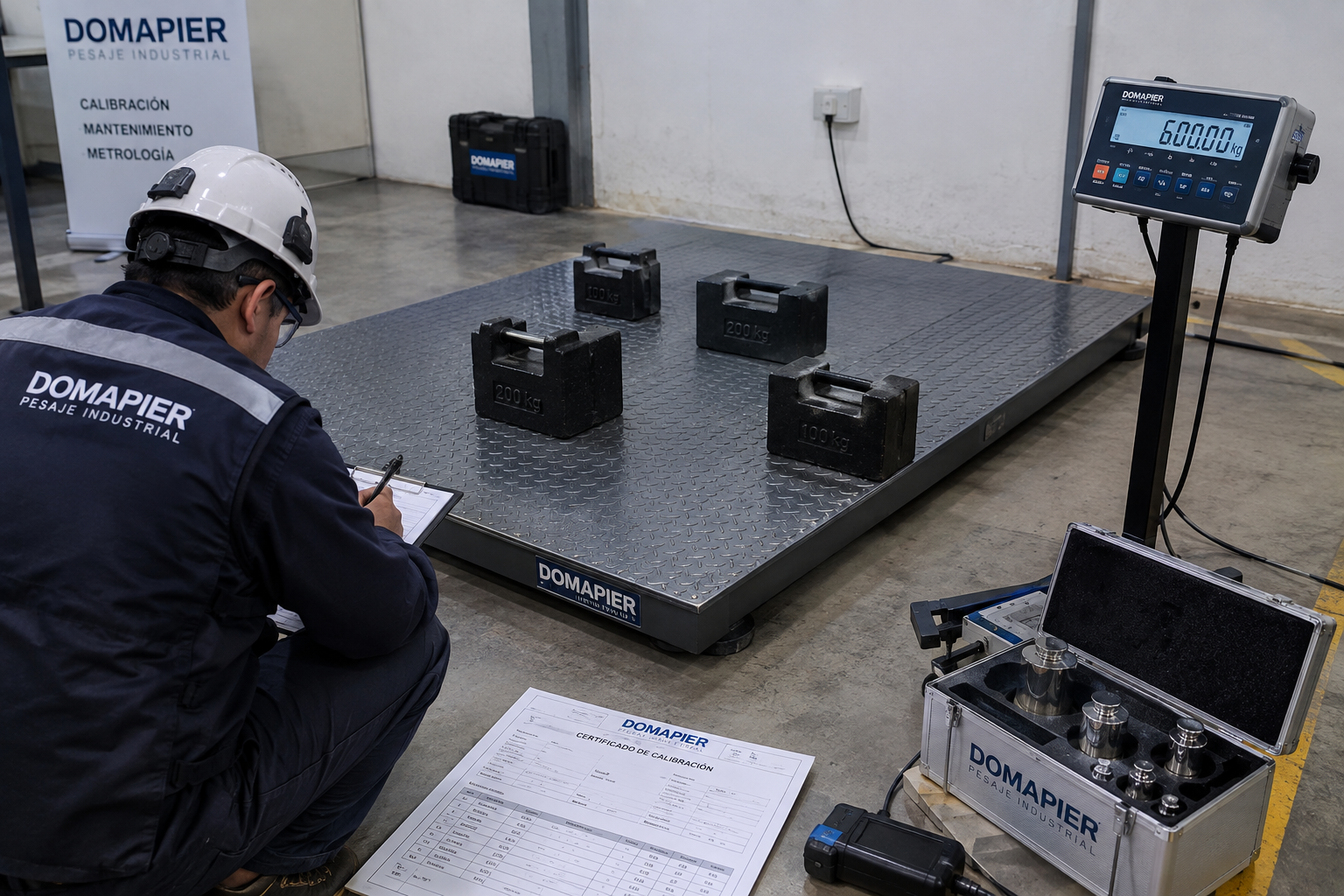 Calibración de balanza industrial de piso de hasta 3000 kg con masas patrón