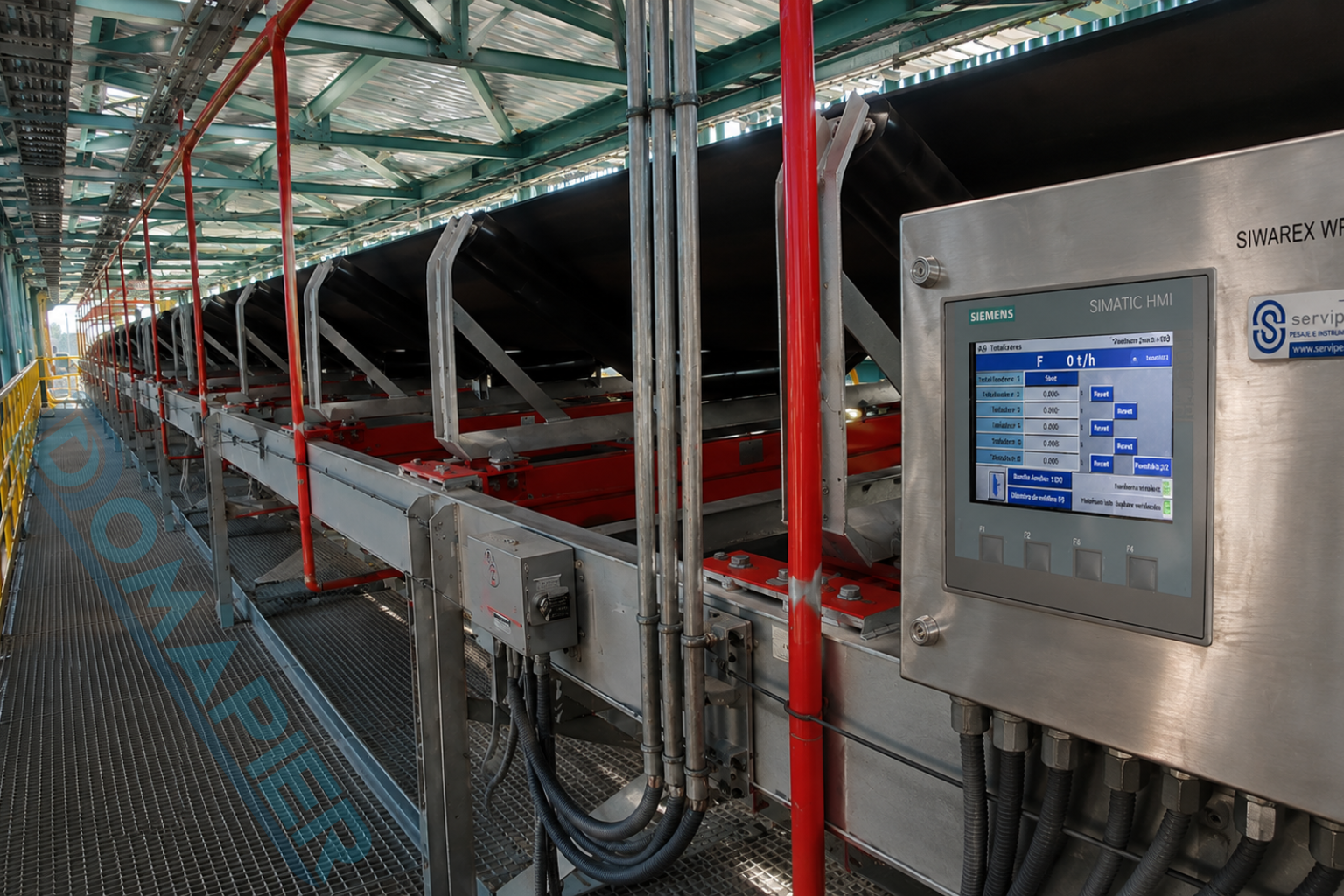 Pesómetro para correa transportadora con integrador de pesaje en instalación industrial