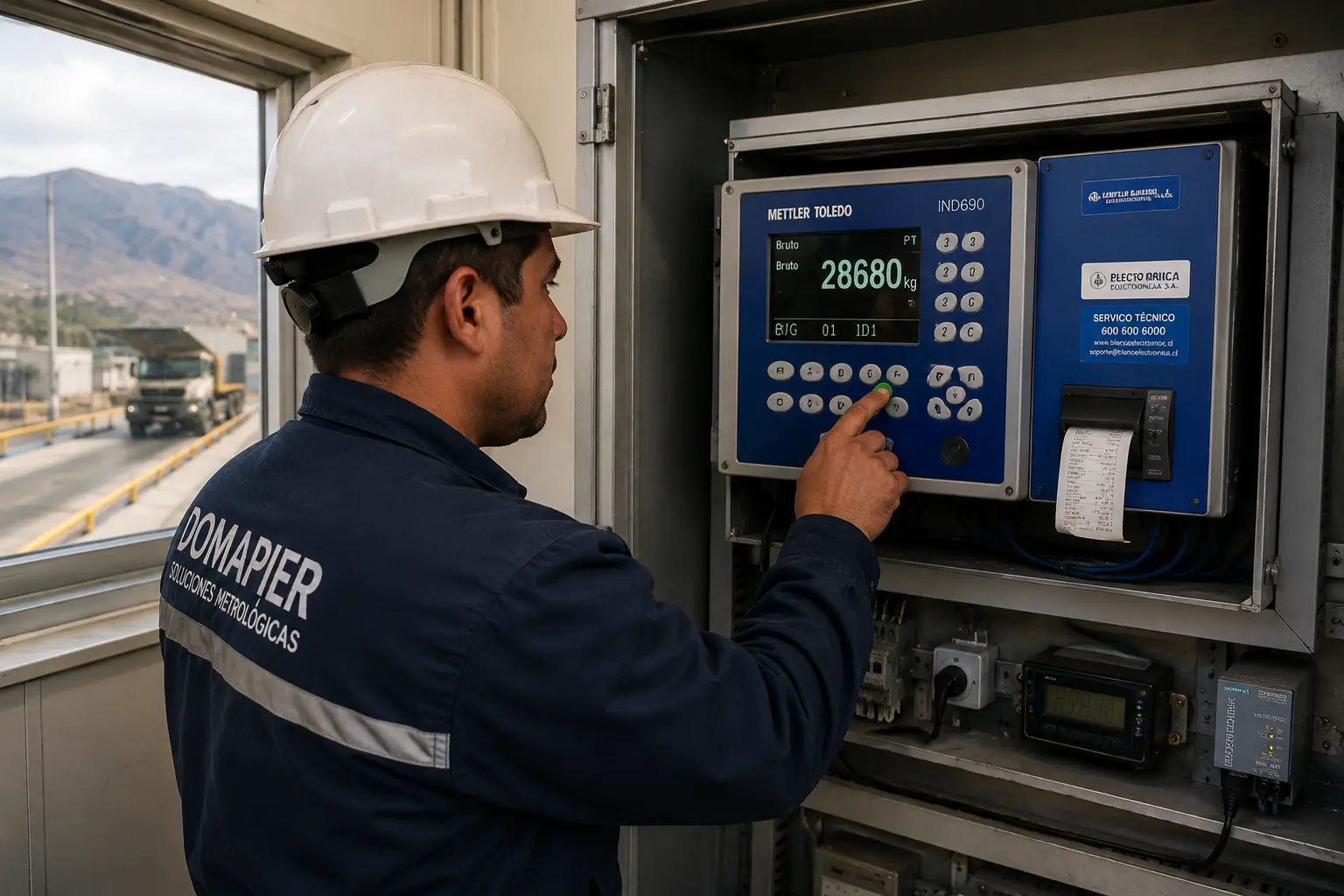 Técnico de Domapier realizando mantenimiento en un sistema de pesaje